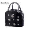 Sac à lunch en tissu oxford noir à marguerites réutilisable avec anses grises