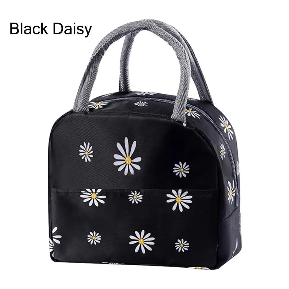 Sac à lunch en tissu oxford noir à marguerites réutilisable avec anses grises