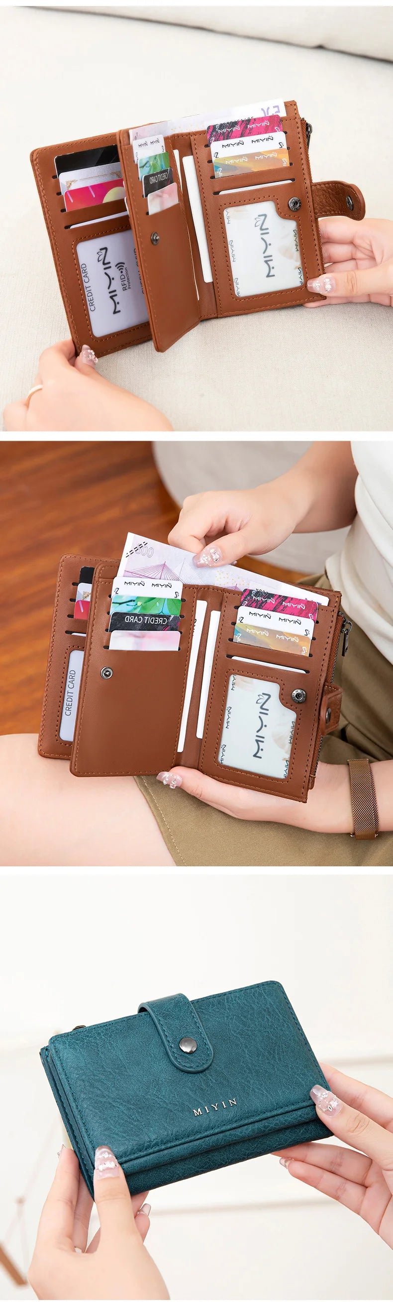 A brown leather clutch wallet with RFID blocking features is shown being held by a woman.