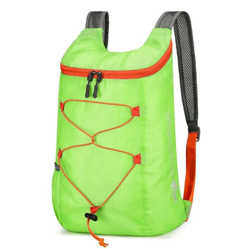A bright lime green multifunctional outdoor folding backpack with black straps and orange accents.