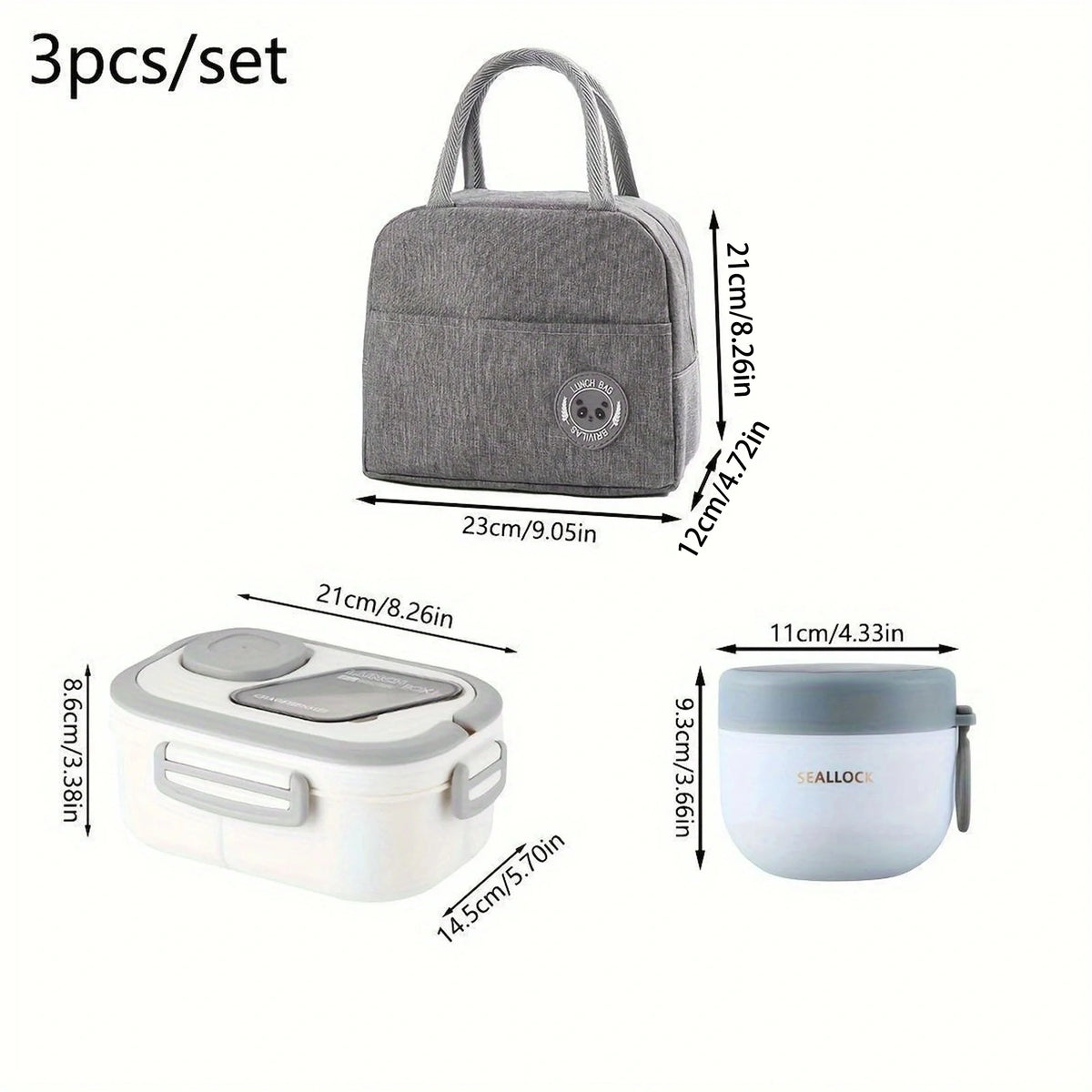 A gray insulated lunch set includes a pouch and a food container.