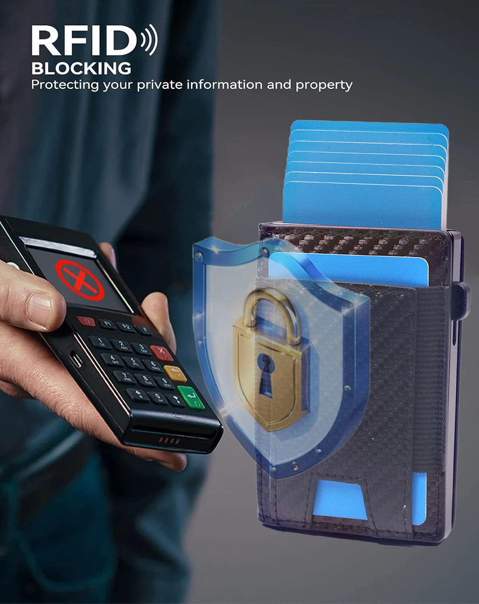 A hand holds a black electronic device next to an RFID blocking wallet featuring a shield design.