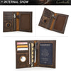 A genuine leather passport card holder displayed in an internal show context, showing the open and folded versions.