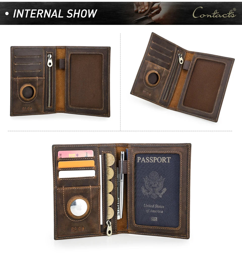 A genuine leather passport card holder displayed in an internal show context, showing the open and folded versions.