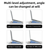 A laptop sleeve demonstrating multi-level adjustment, showing various angles like 10, 12, 15, and 18 degrees for different mo