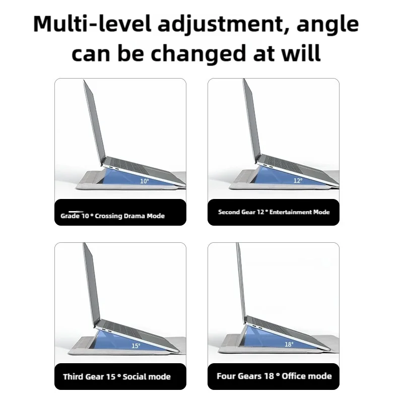A laptop sleeve demonstrating multi-level adjustment, showing various angles like 10, 12, 15, and 18 degrees for different mo