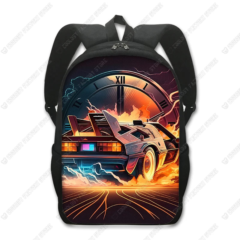 A black backpack featuring a graphic design of a futuristic car and a clock face with flames.