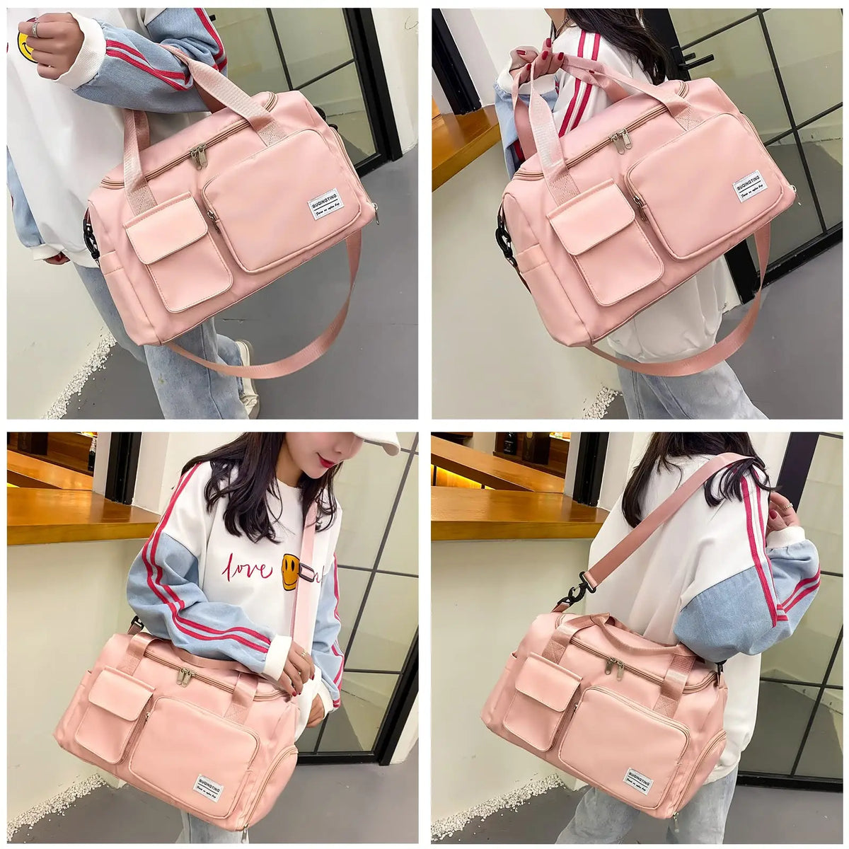 Pinkes wasserdichtes Canvas-Gepäckstück, das eine Frau in Freizeitkleidung trägt.