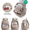 A beige collapsible laptop backpack showing exterior pockets, an accessory compartment, a document compartment, and a tumbler