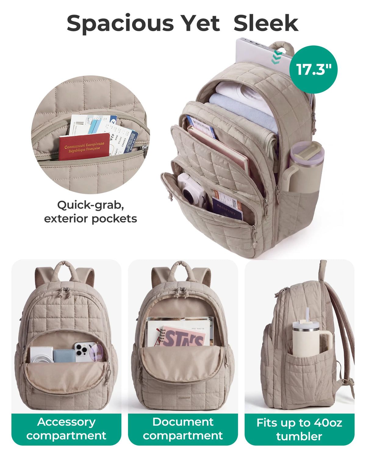 A beige collapsible laptop backpack showing exterior pockets, an accessory compartment, a document compartment, and a tumbler