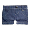 A dark indigo denim mini wallet and card holder with visible stitching and a metal snap closure.