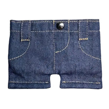 A dark indigo denim mini wallet and card holder with visible stitching and a metal snap closure.