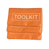An orange canvas tool kit organizer bag with the word TOOLKIT printed on it.