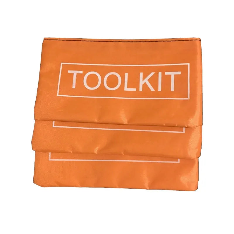 An orange canvas tool kit organizer bag with the word TOOLKIT printed on it.