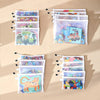 A collection of clear mesh zipper pouches filled with various colorful illustrations and objects for storage.