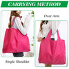 Images showing carrying methods for a pink reusable grocery tote bag: Over Arm and Single Shoulder.