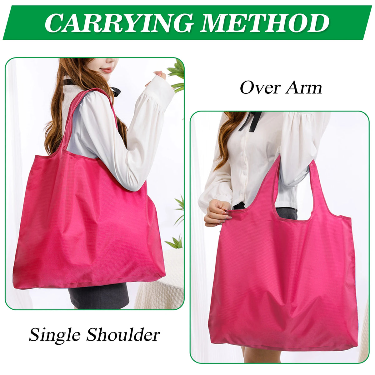 Images showing carrying methods for a pink reusable grocery tote bag: Over Arm and Single Shoulder.
