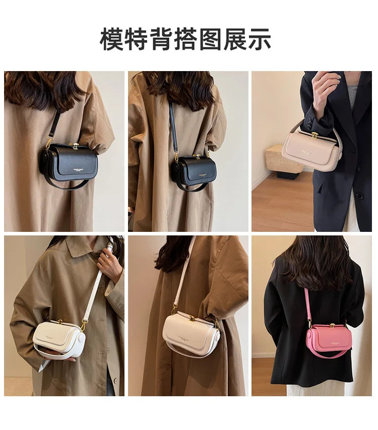 A series of photos showing a retro black textured leather shoulder bag in various shades and contexts.