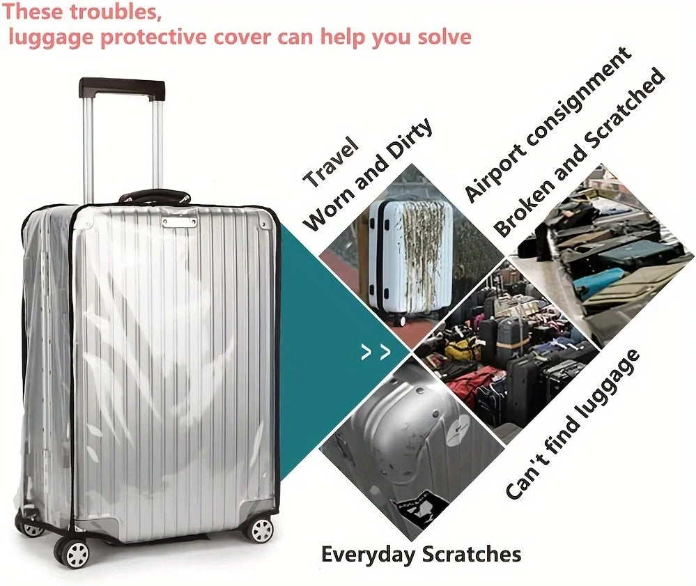 A silver suitcase with a protective cover is shown alongside various travel troubles like worn bags and broken luggage.
