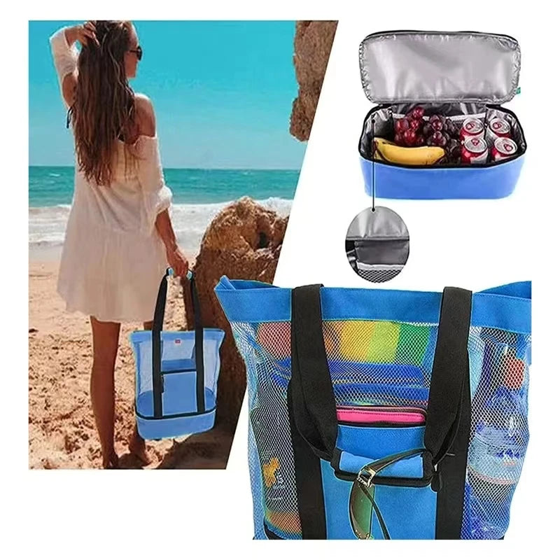 Blaue isolierte Netztasche mit silbernem Deckel, Obst und schwarzem Riemen vor Strandhintergrund.