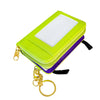 A lime green coin purse wallet with a clear window and purple trim, attached by a gold chain.