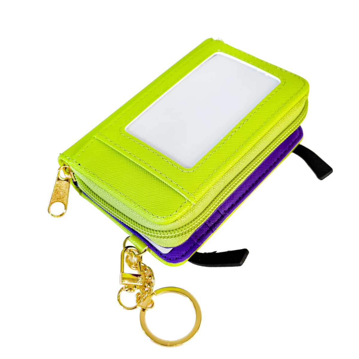 A lime green coin purse wallet with a clear window and purple trim, attached by a gold chain.