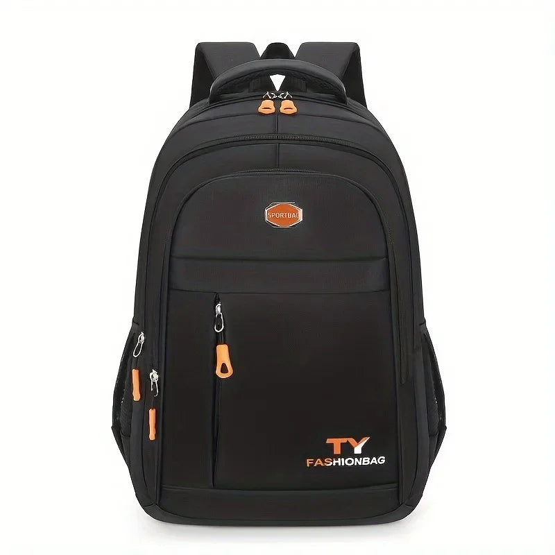 Black sporty backpack with orange accents and a laptop compartment