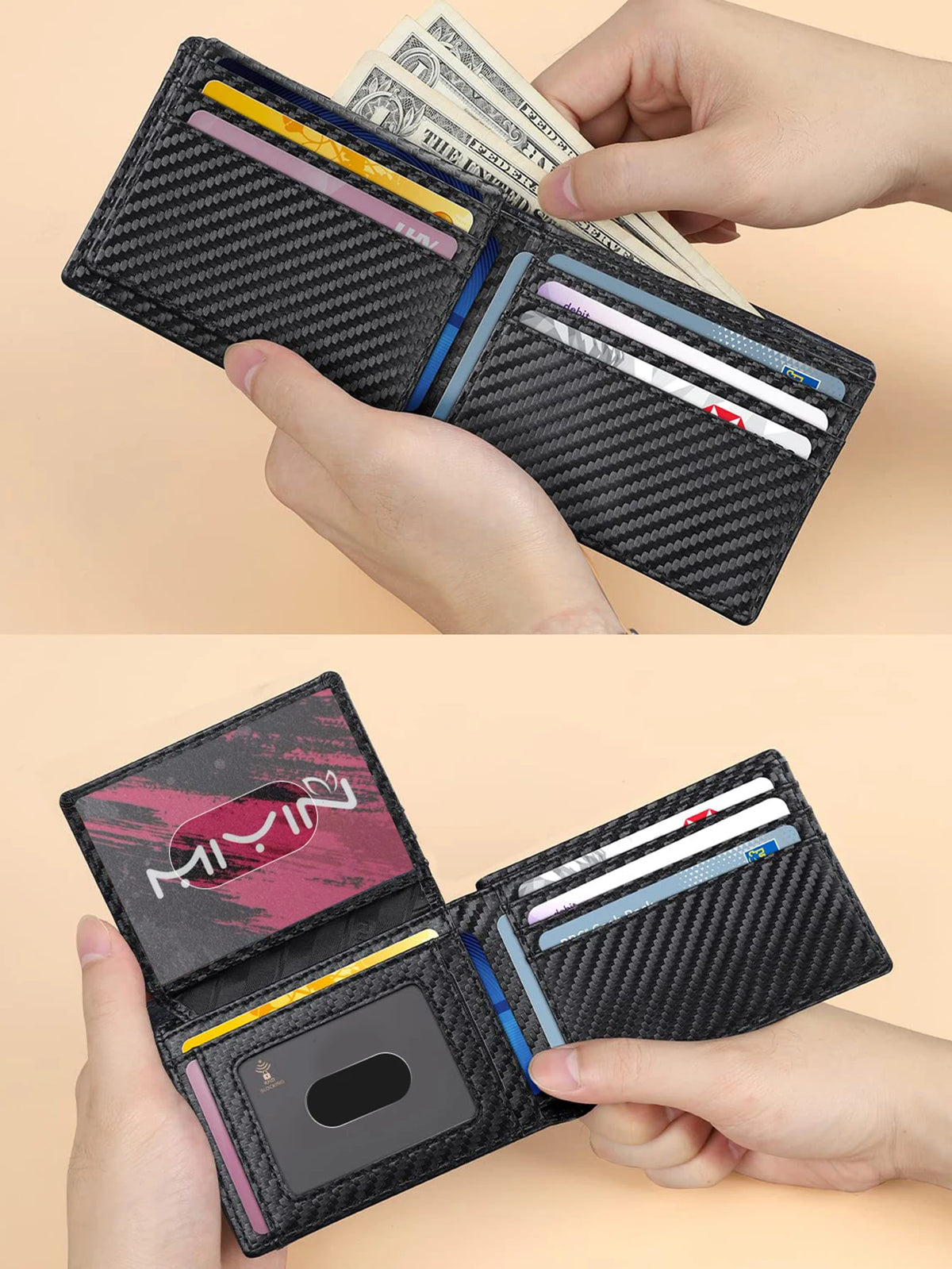 A black carbon fiber minimalist trifold wallet is shown being held open, displaying various credit cards and cash.