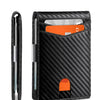 Carbon Fiber Black slim minimalist RFID blocking card wallet shown with a separate pen.