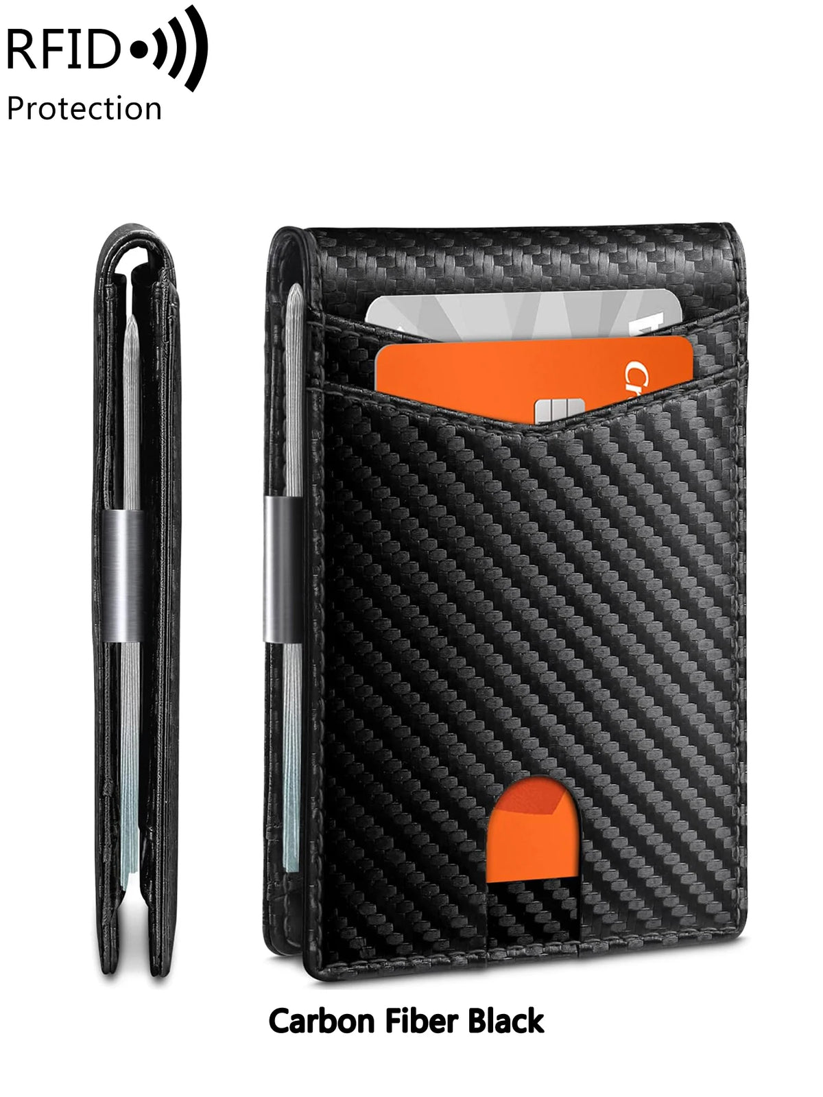 Carbon Fiber Black slim minimalist RFID blocking card wallet shown with a separate pen.