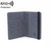 A grey PU leather passport holder with RFID protection features shown in a closed, upright view.