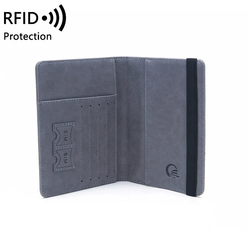 A grey PU leather passport holder with RFID protection features shown in a closed, upright view.