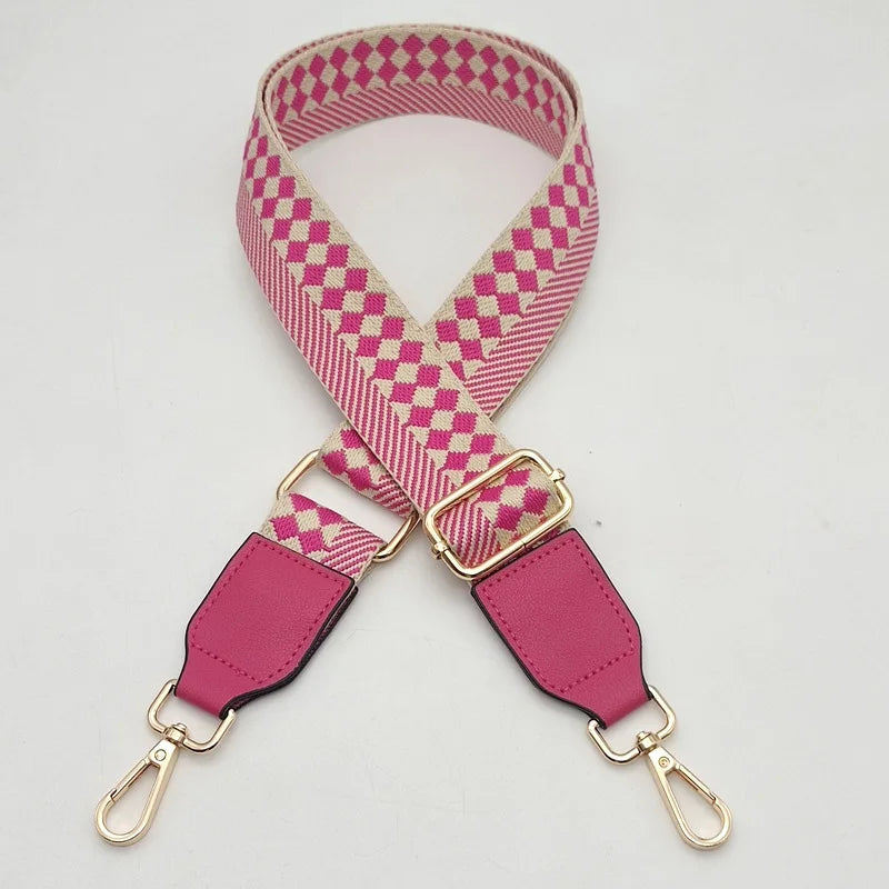 Pink and white checkered braided nylon bag strap with gold-toned metal hooks