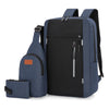 A navy blue durable nylon travel backpack set featuring a main pack and an attached wallet.