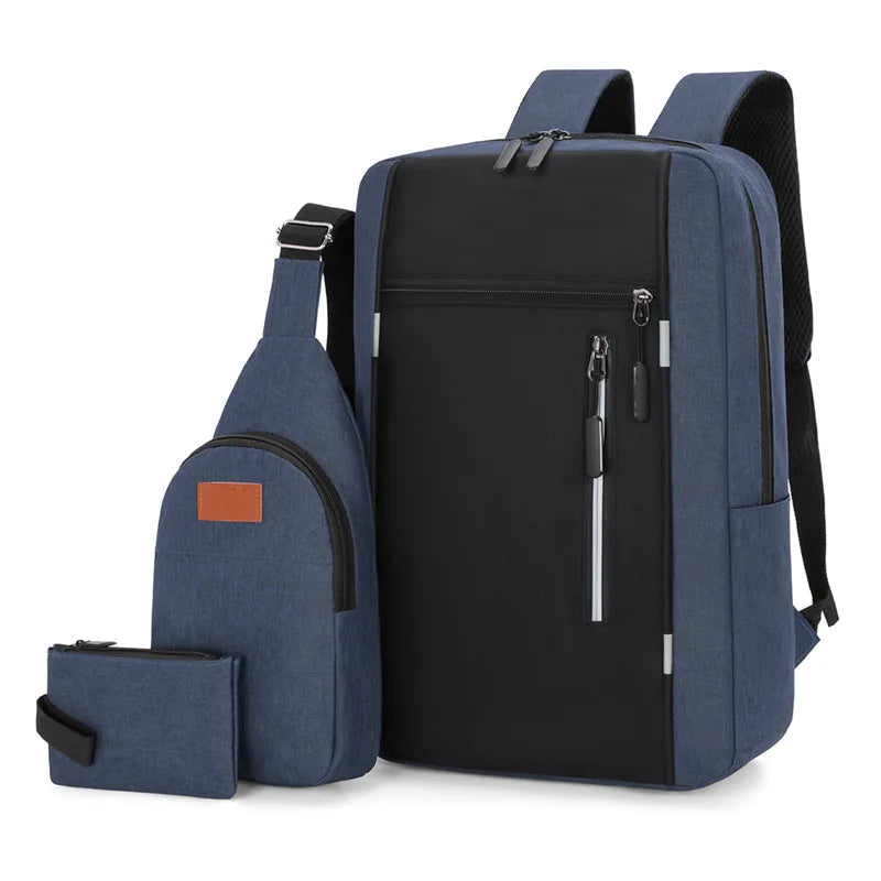 A navy blue durable nylon travel backpack set featuring a main pack and an attached wallet.