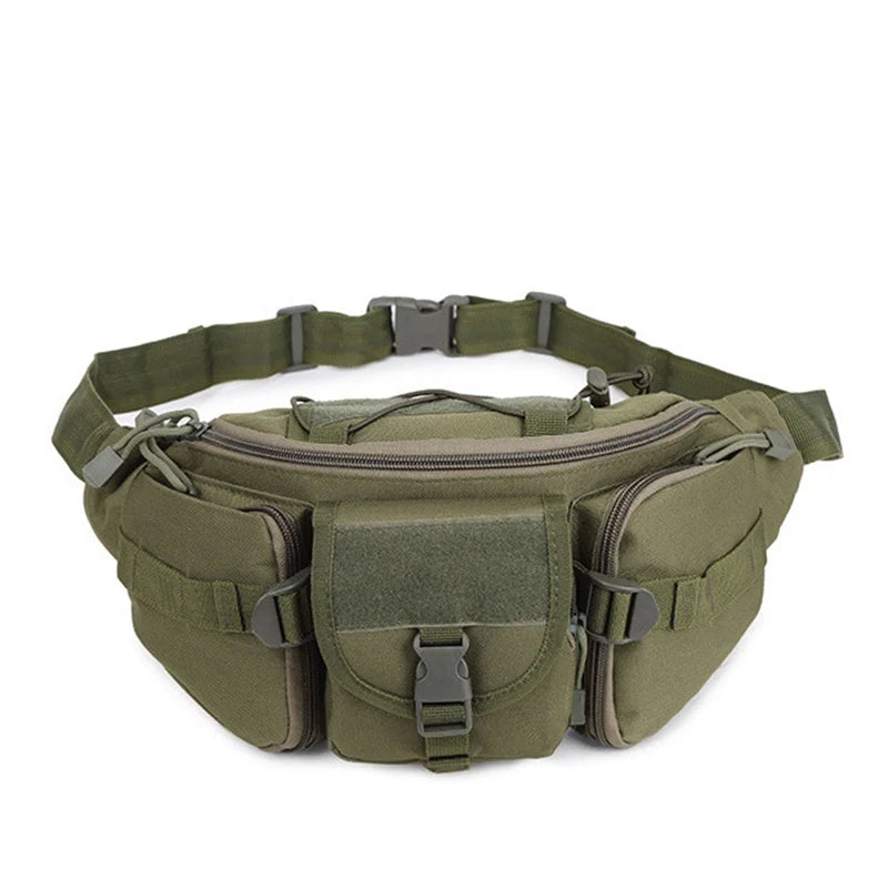 Olive green tactical waist pack or belt bag with adjustable straps and pockets