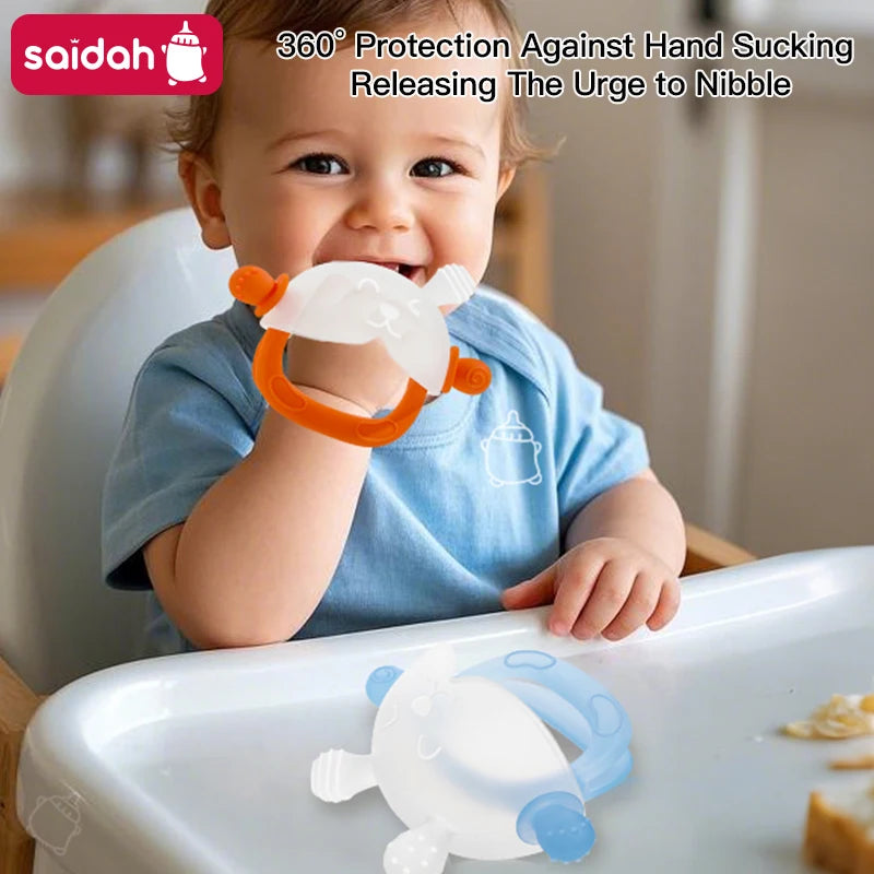 A baby is using a 360 degree hand sucking teether with a bunny design to relieve the urge to nibble.