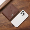 A brown men's slim leather bi-fold wallet placed next to a white smartphone.