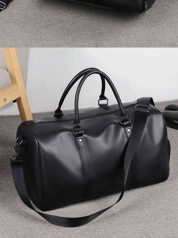 Maleta duffel de cuero negro retro para motocicleta PU con ribetes y correas ajustables