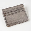 A slim leather mini wallet card holder with a textured, metallic gray finish.