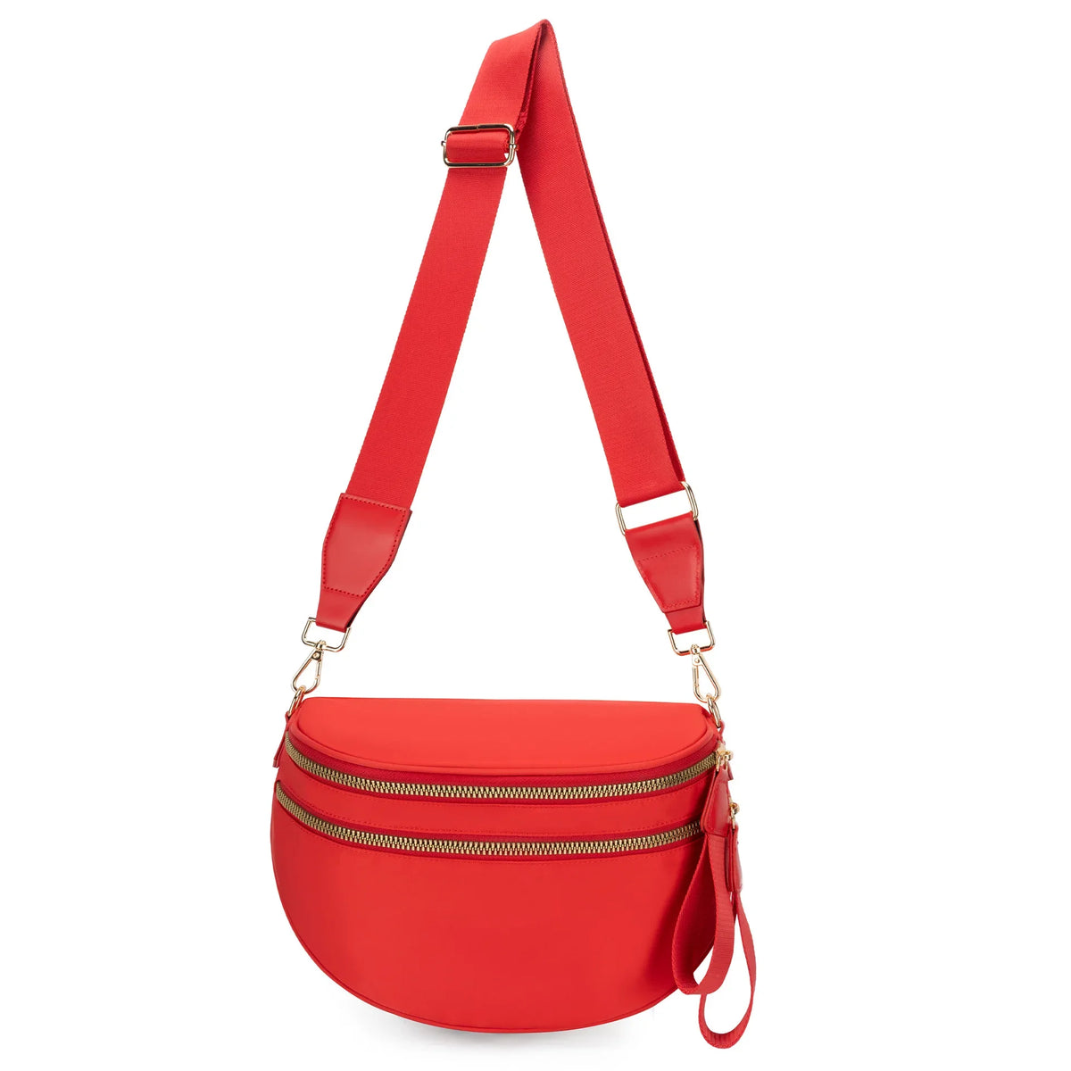 Helles rotes kariertes Crossbody-Taschen mit Riemen und Reißverschlussdetails.