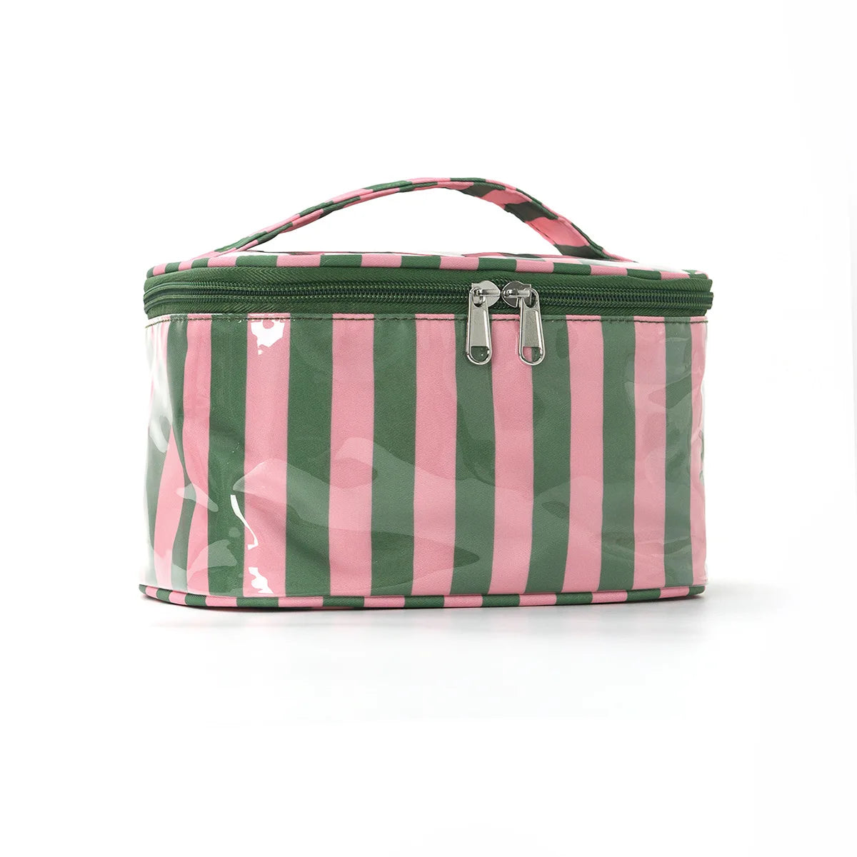 Bolsa de almacenamiento cosmético a rayas verdes y rosas con asa de lazo y cierres plateados.