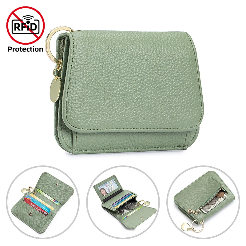 A green genuine leather slim trifold wallet with a zipper pouch and gold-colored hardware.