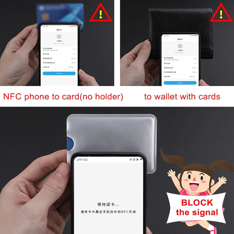 Demonstration of NFC phone to card transfer and blocking signal for anti-scan card sleeves.