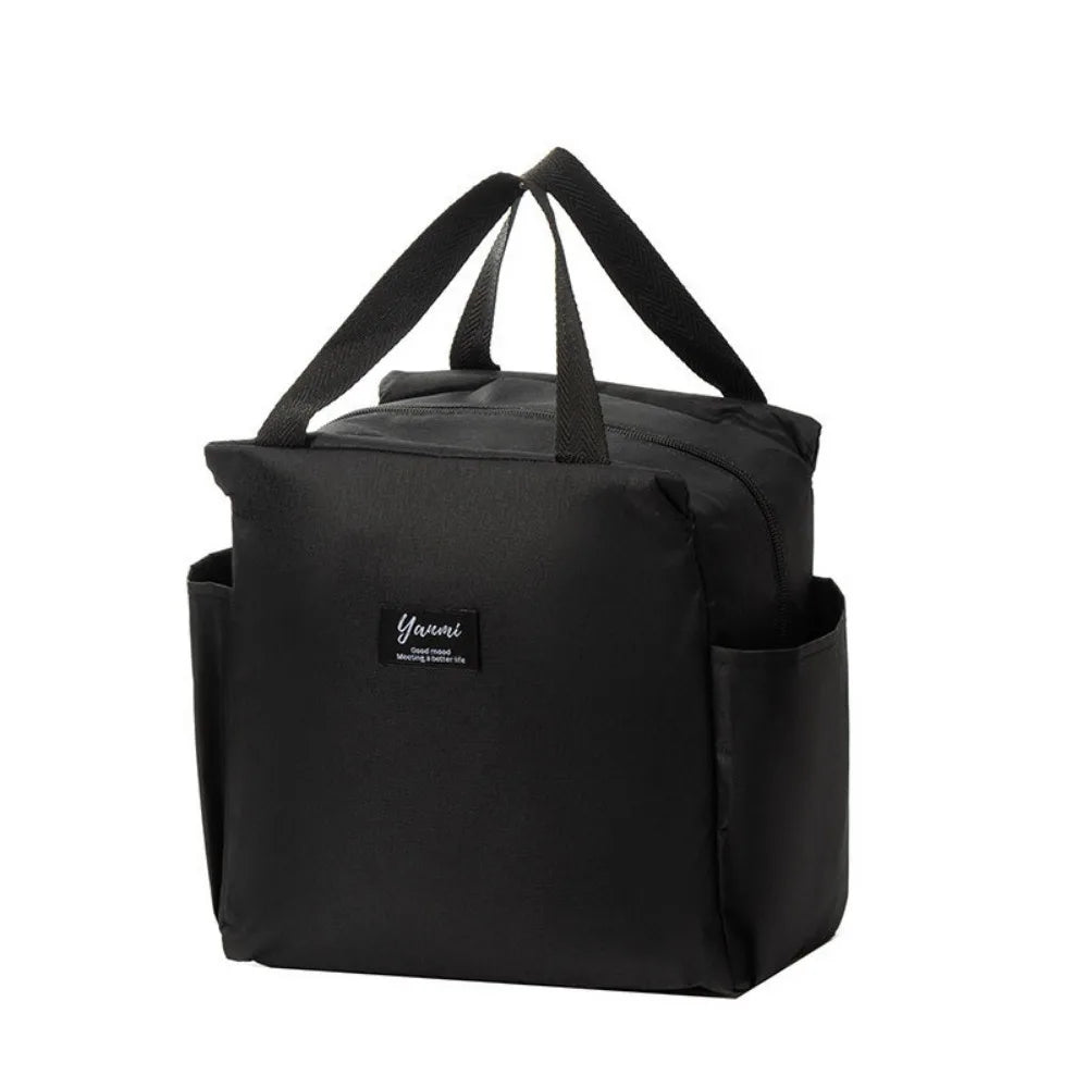 Black insulated canvas tote bag with double pockets and shoulder straps