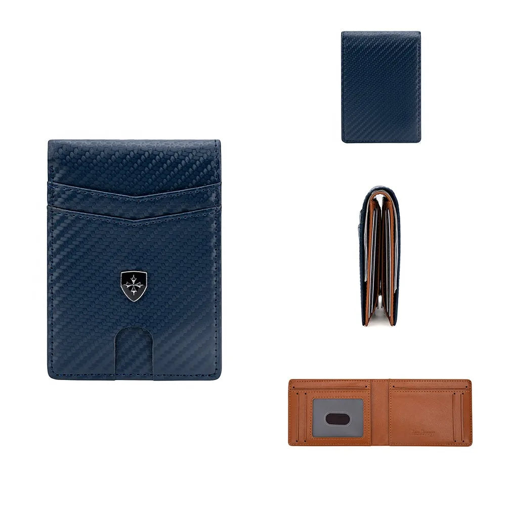 Un ensemble de portefeuilles bi-pli en fibre de carbone pour hommes, cuir bleu marine et beige.
