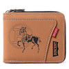 A brown leather card clip wallet featuring a stamped silhouette of a horse.