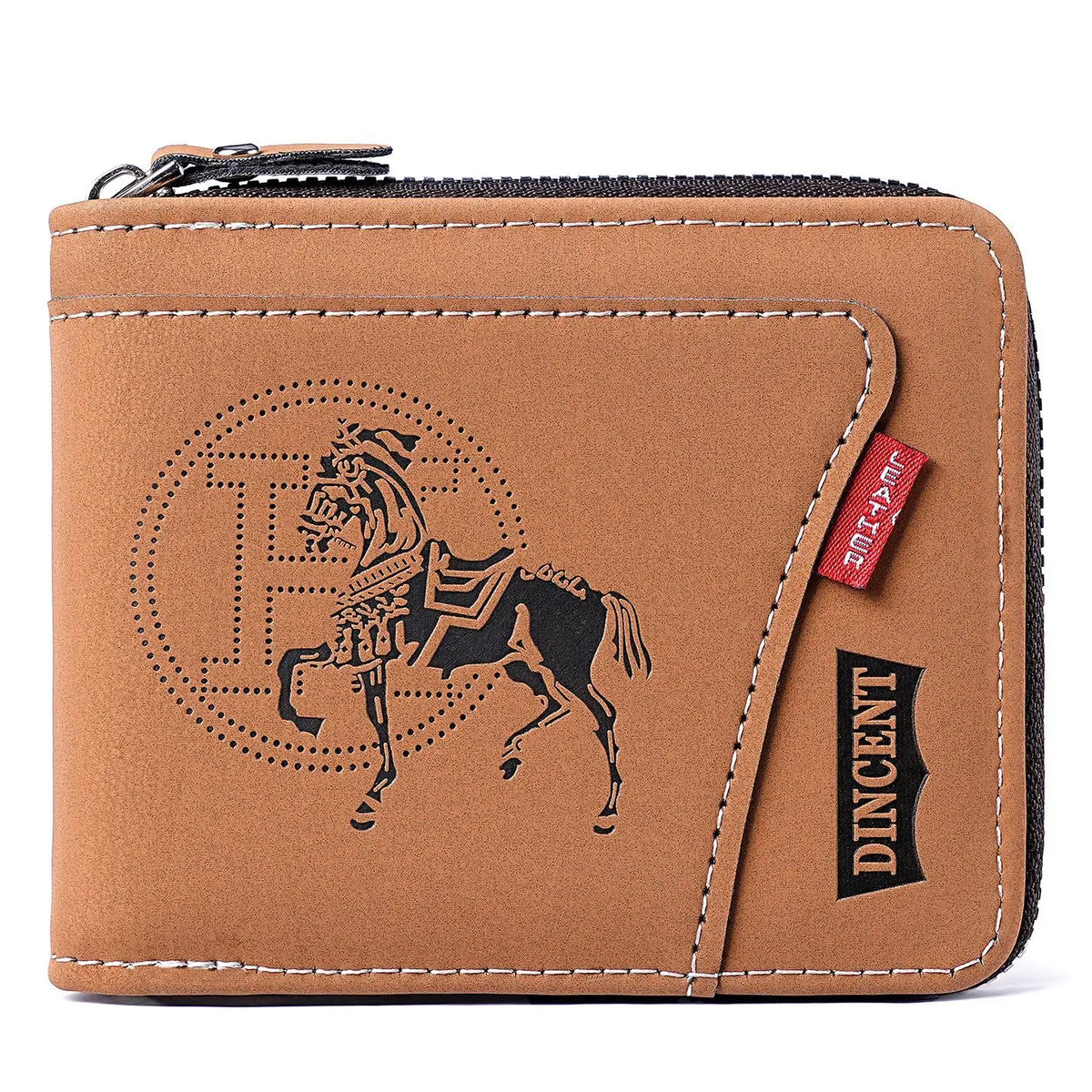 A brown leather card clip wallet featuring a stamped silhouette of a horse.