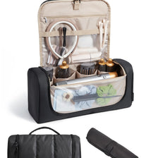 Beige Haartool-Organizer-Reisebeutel mit Haken und offener Fächer für Styling-Werkzeuge.