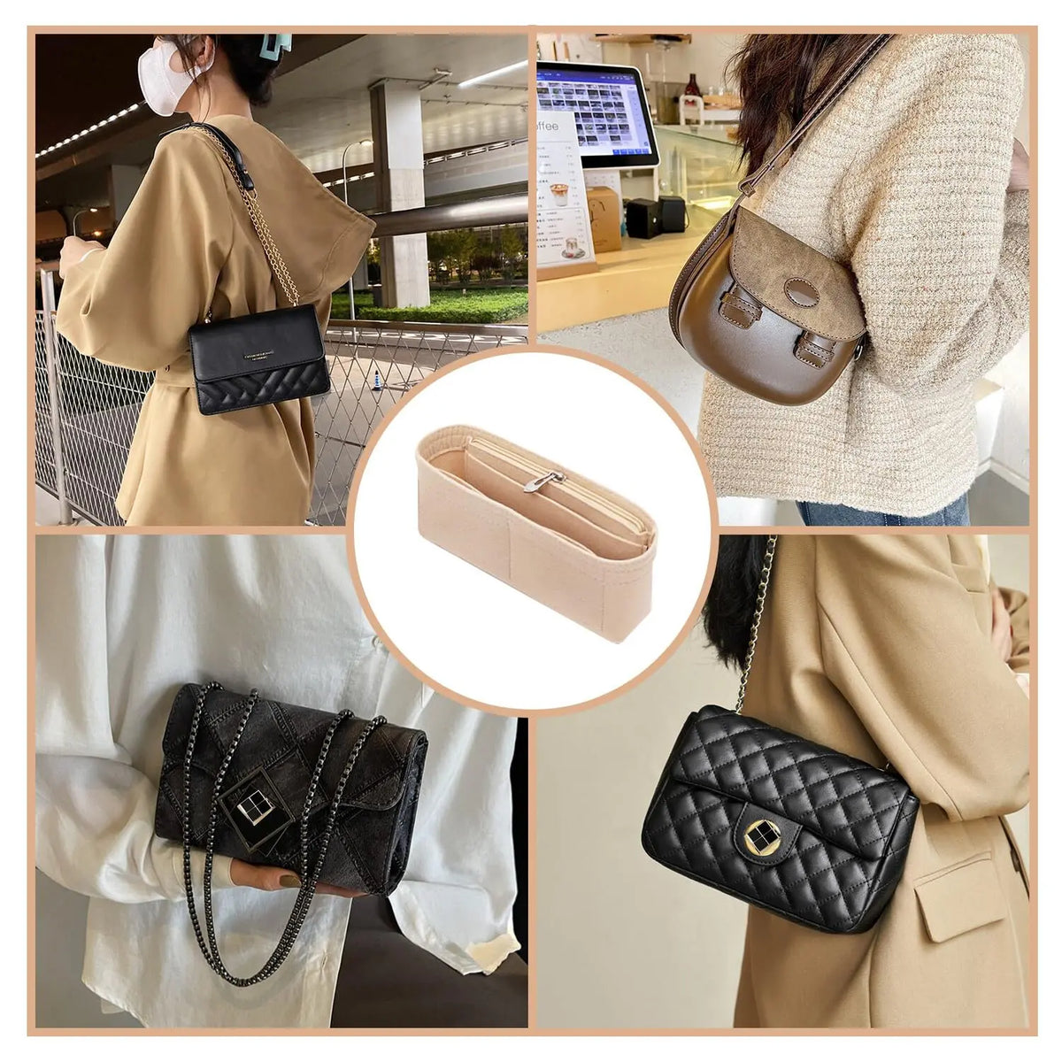 Various felt organizer inserts and bags shown in close-up with a beige coat.